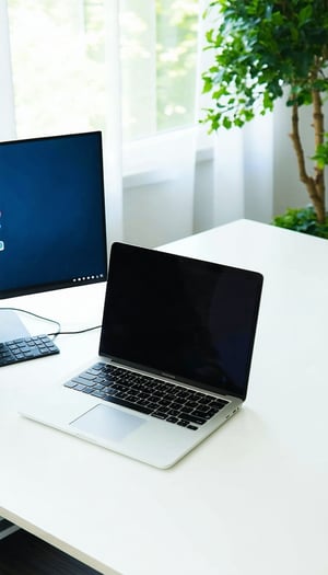 laptop on a white desk with dark blue theme and green accents should be a bright airy office environment with whitespace laptop on a white desk with dark blue theme and green accents should be a bright airy office environment with whitespace
